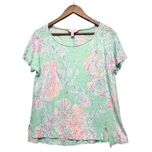 Lilly Pulitzer T-Shirt Womens L Green 100% Linen Coastal Seashell Tee Vacation